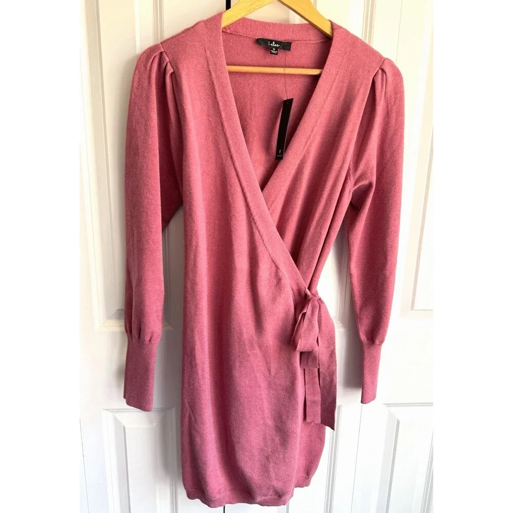 Lulus Rose Pink Long Sleeve Wrap Sweater Mini Dress Women's Size Medium - Picture 2 of 9